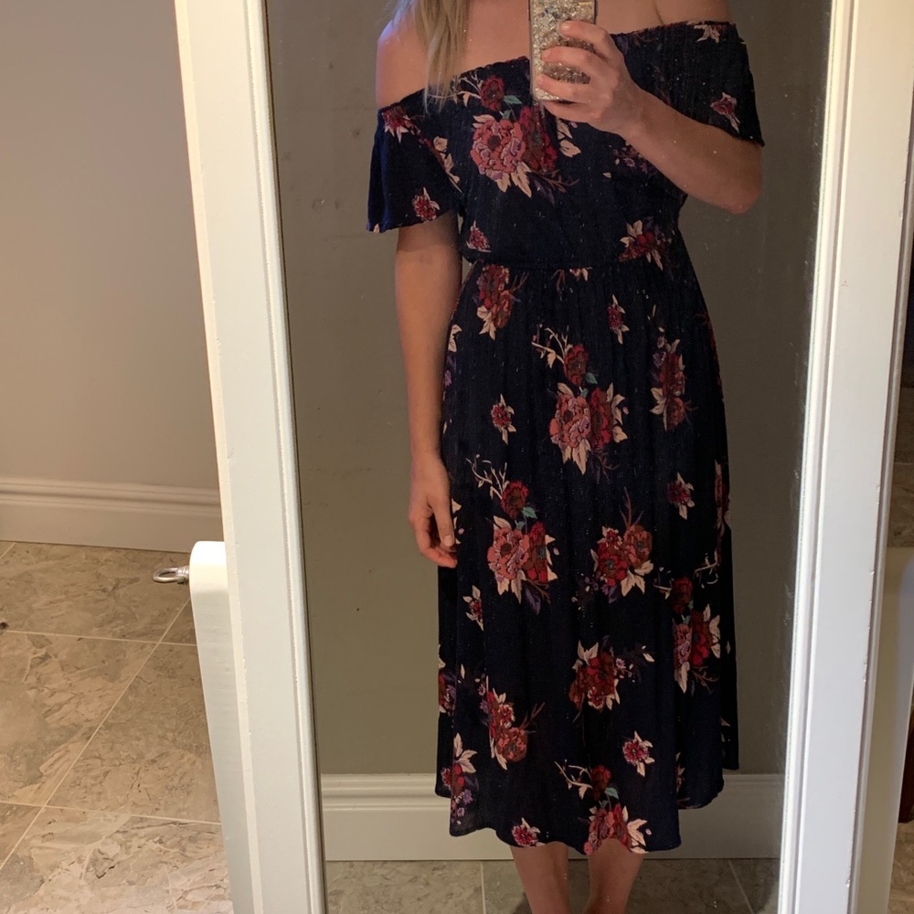 Navy floral off the shoulder midi sundress